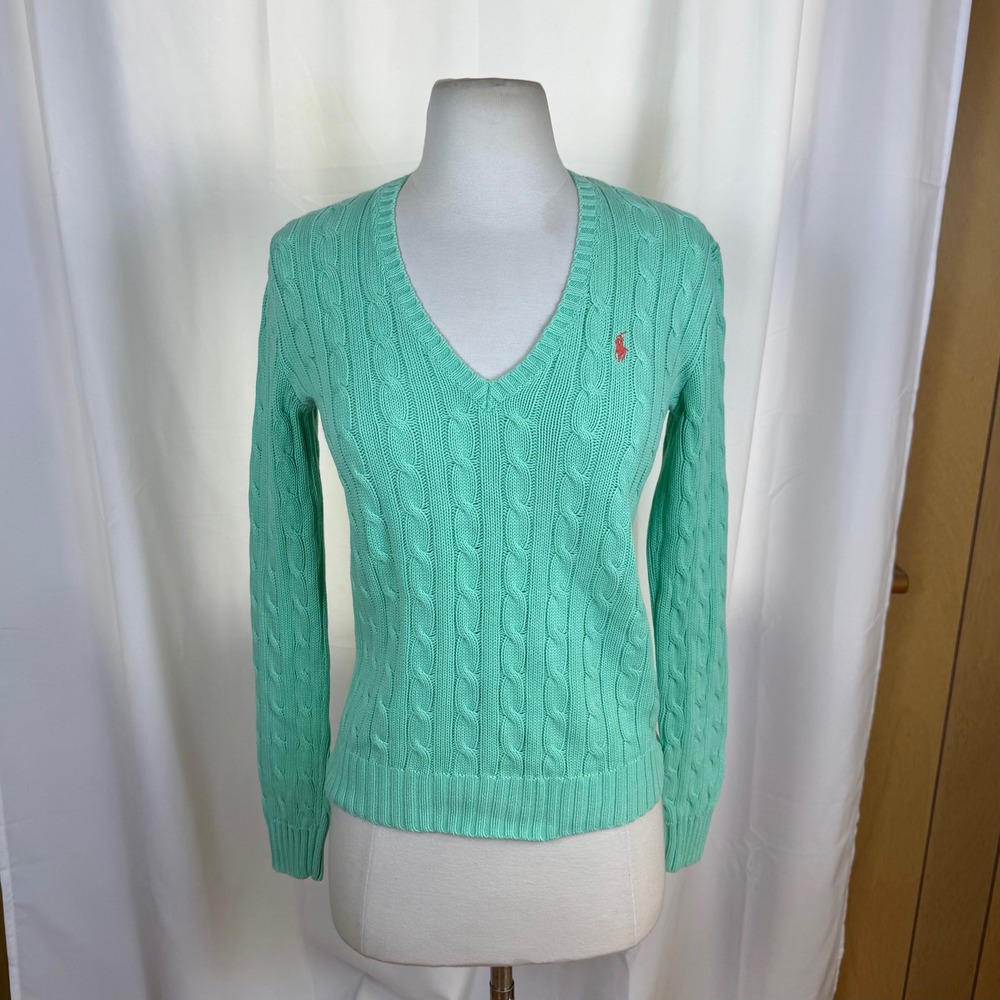 Vtg Ralph Lauren Sport Mint Green Cable Knit V Neck Sweater Womens Small Preppy